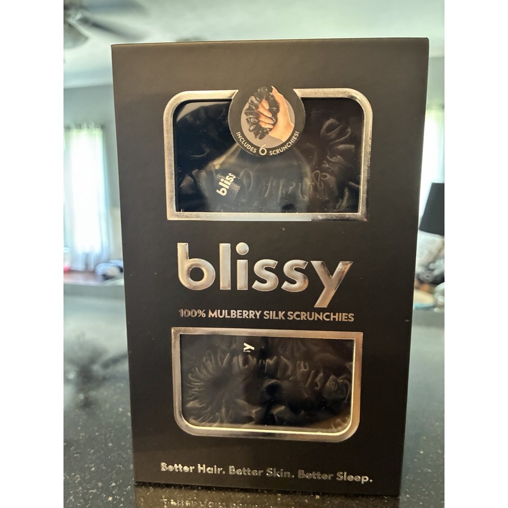 NWT Blissy Scrunchies 6 pack Set Black 3 Regular/3 Skinny 100% Silk Hair Ties